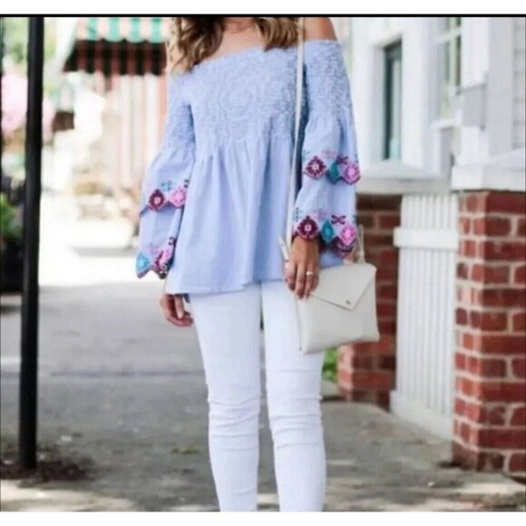 LOFT Top XS Petite XSP Off-the-Shoulder Blue Striped Embroidered Pink Blouse - Picture 1 of 11